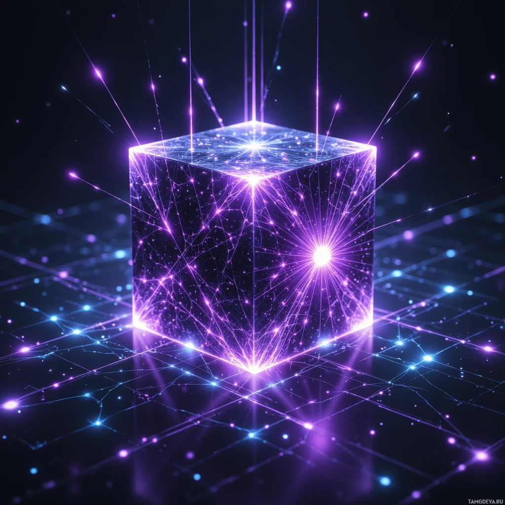 A glowing, transparent cube with purple and blue light trails emanating from it against a dark background.