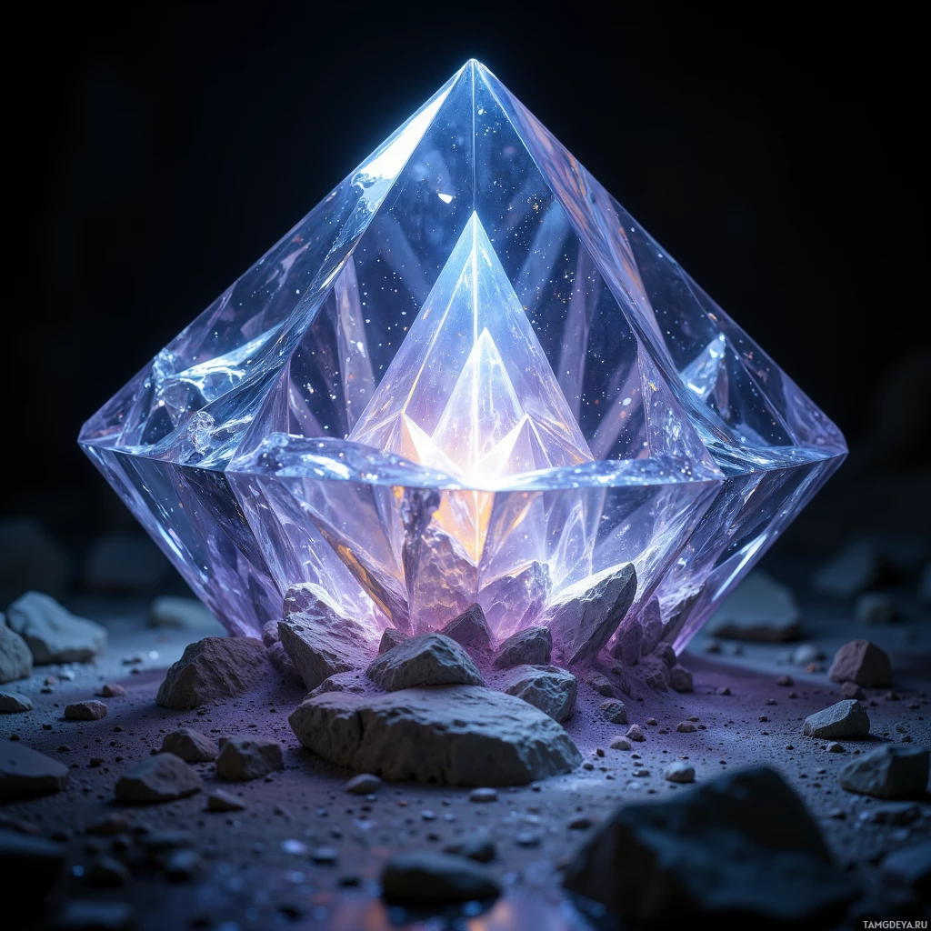A large, faceted crystal with a glowing interior sits amidst scattered rocks on a dark surface.