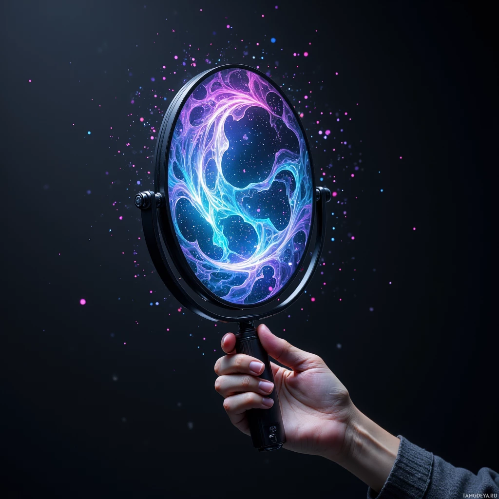 A hand holds a mirror reflecting a cosmic, ethereal pattern against a dark background.
