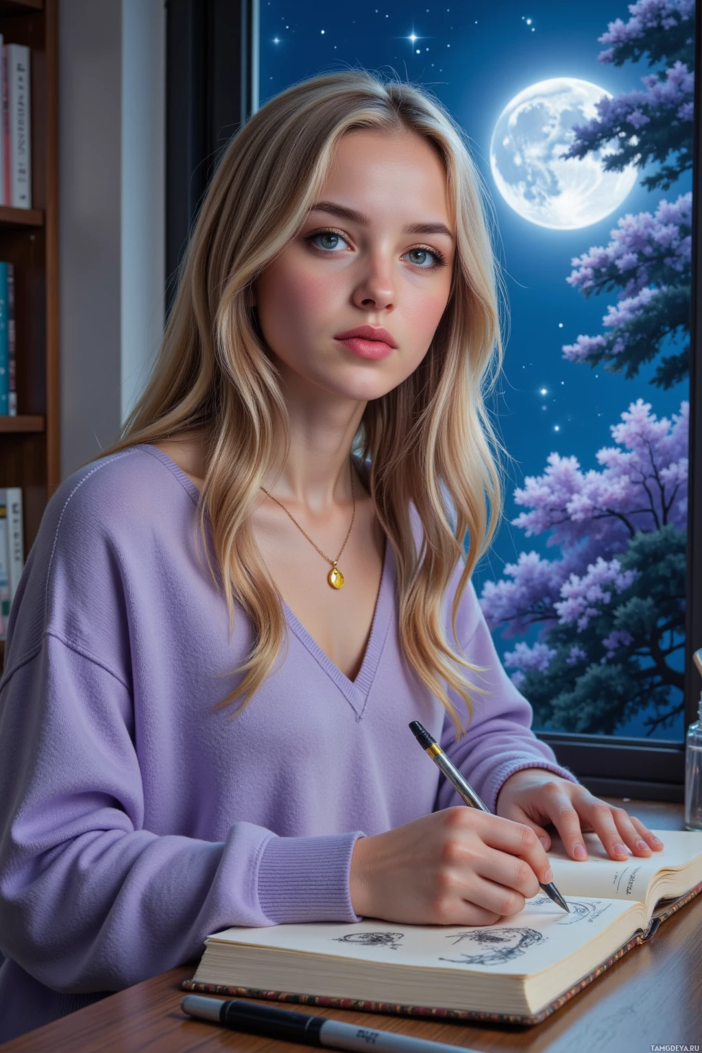 A person wearing a purple sweater is sitting at a desk, writing in a notebook with a pen.