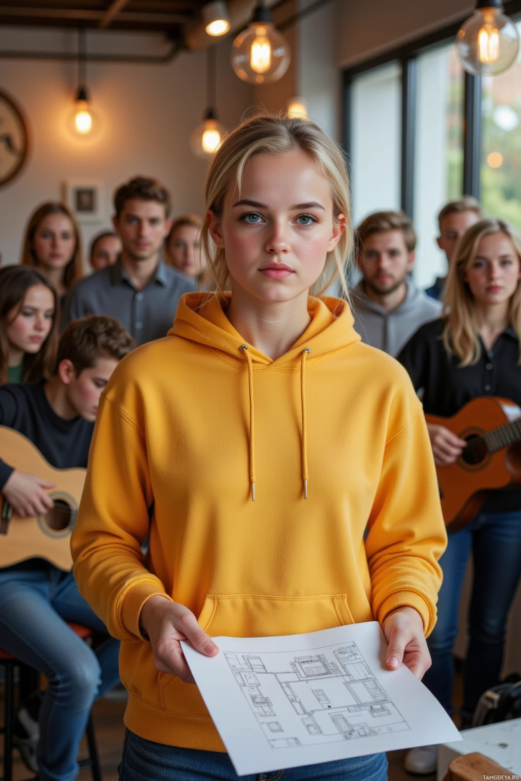 A person in a yellow hoodie holds a floor plan while standing in front of a group of people playing guitars and looking on.