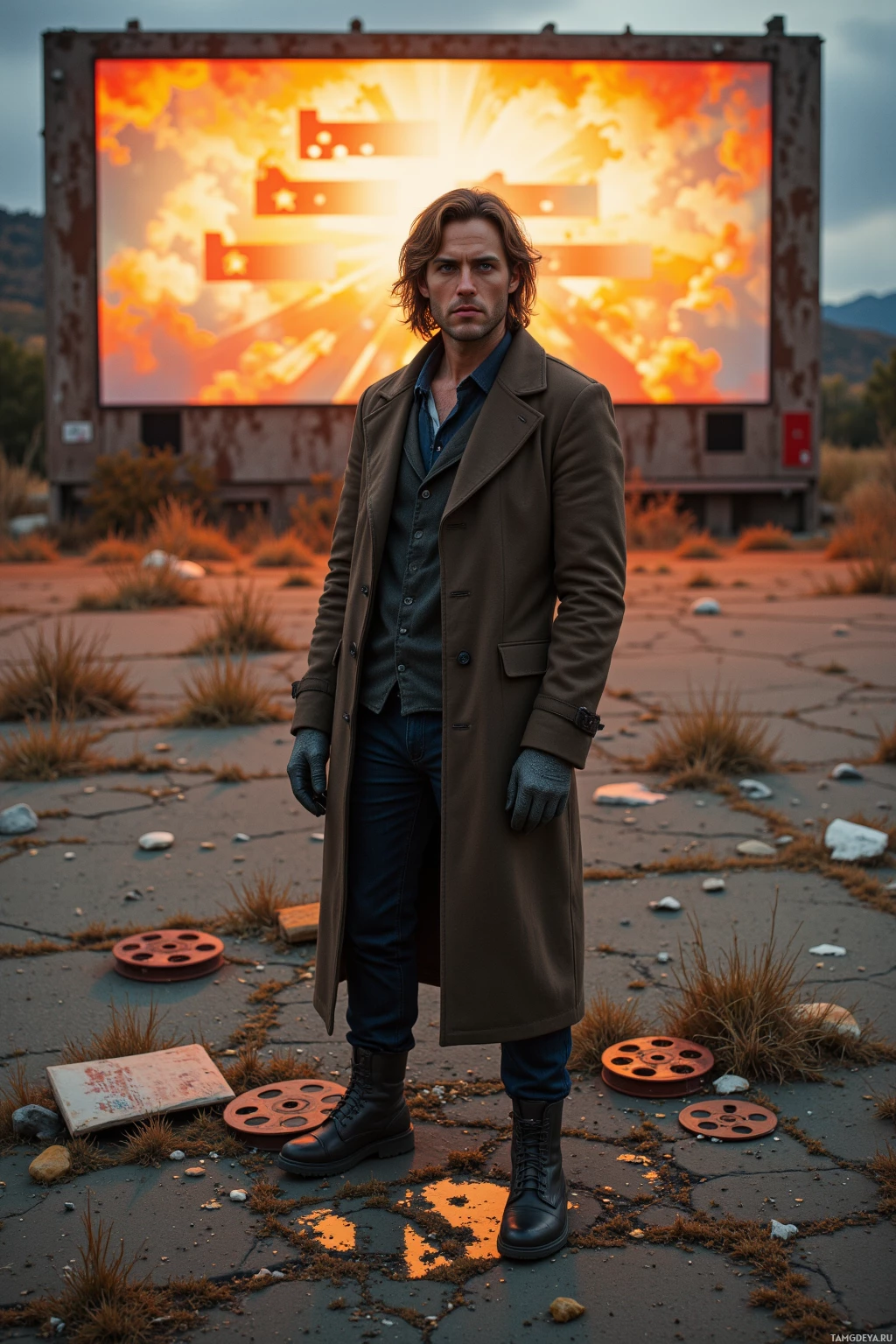 A man stands in front of a large screen displaying a fiery explosion, wearing a long coat and gloves, with film reels scattered on the ground.