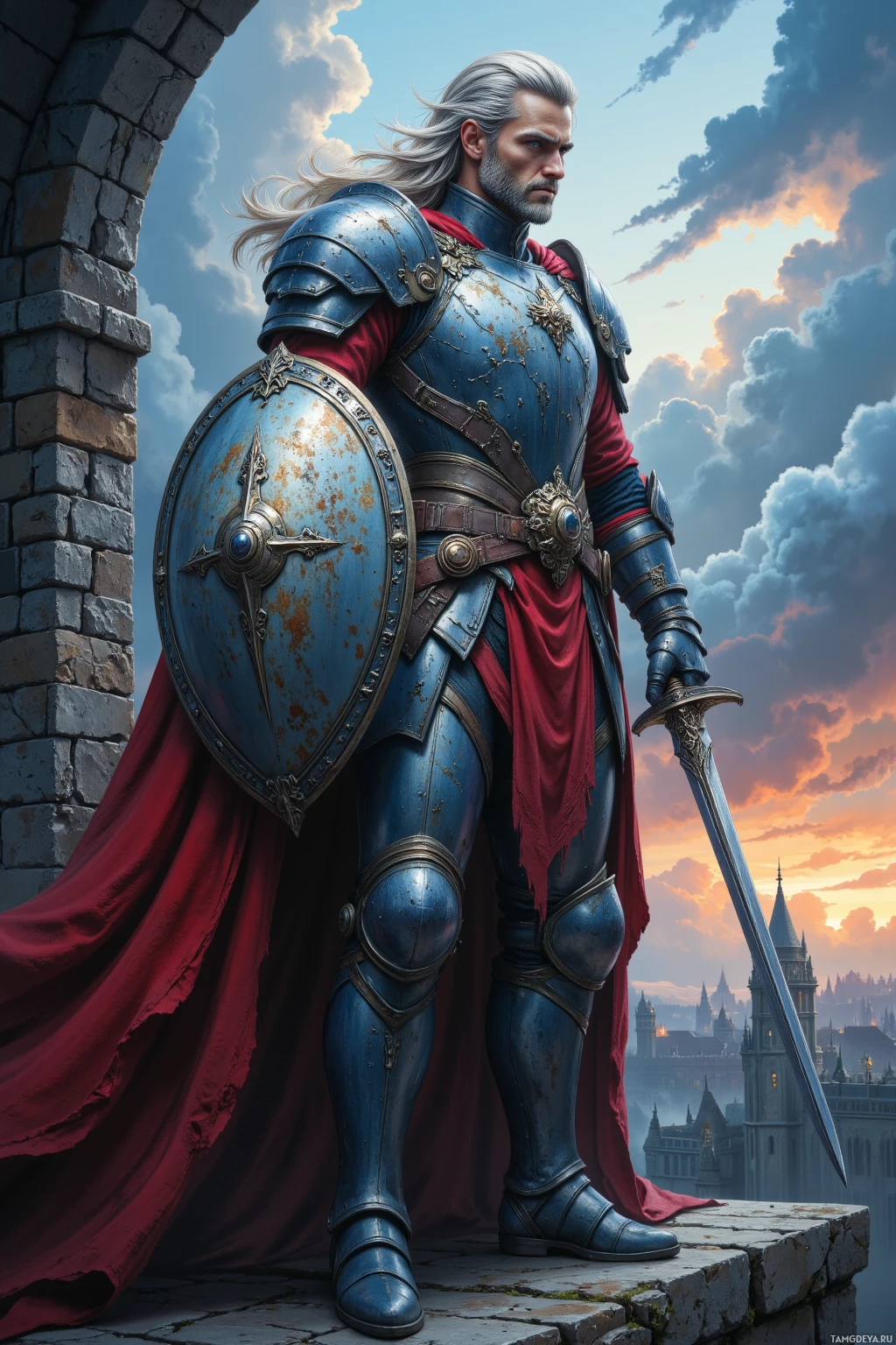 A knight in blue armor stands on a stone ledge, holding a shield and sword, with a cityscape and sunset in the background.