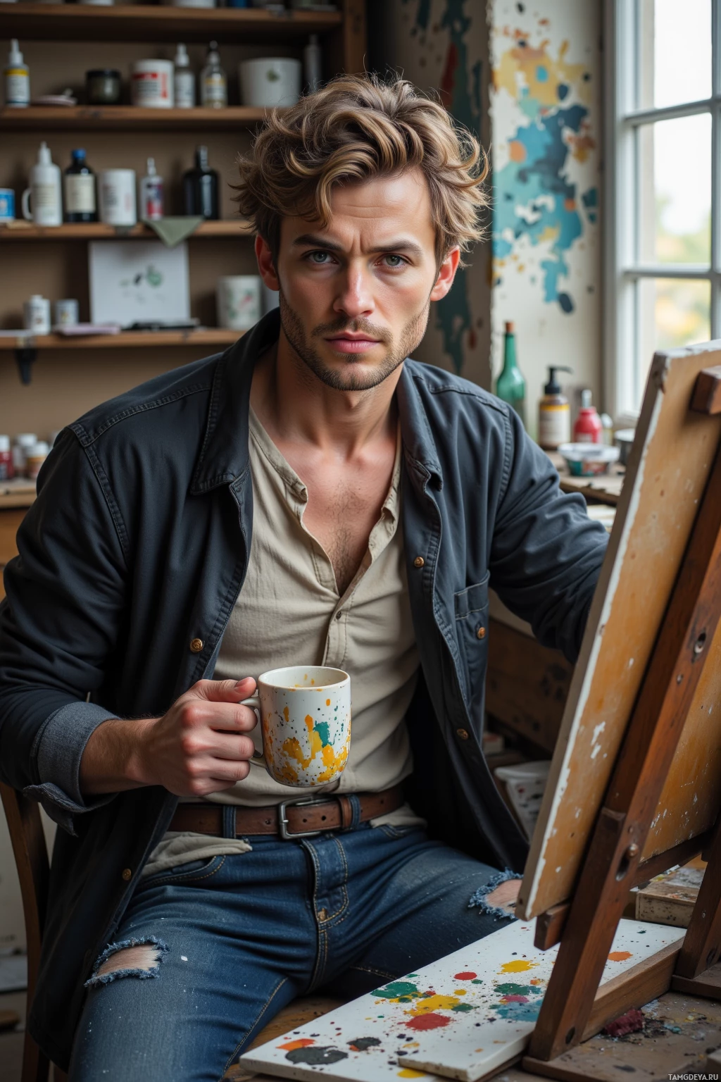 A person sits in an art studio, holding a mug, with paint splatters on the canvas and shelves in the background.