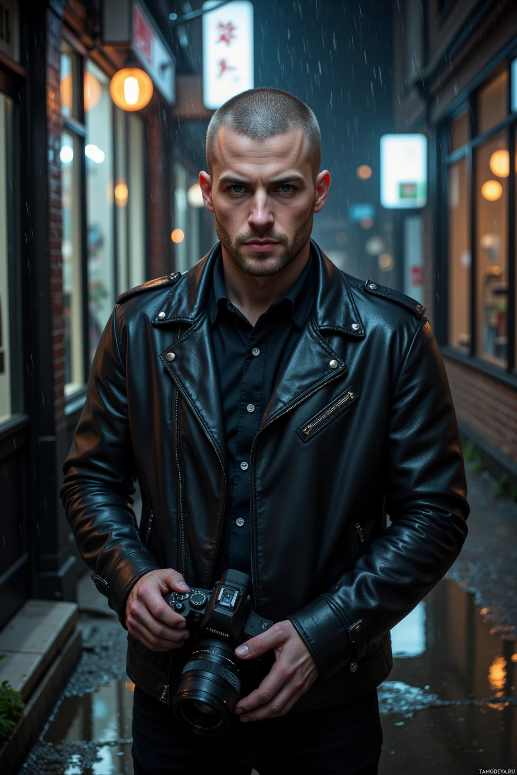 A man in a leather jacket holds a camera while standing on a rainy street at night.