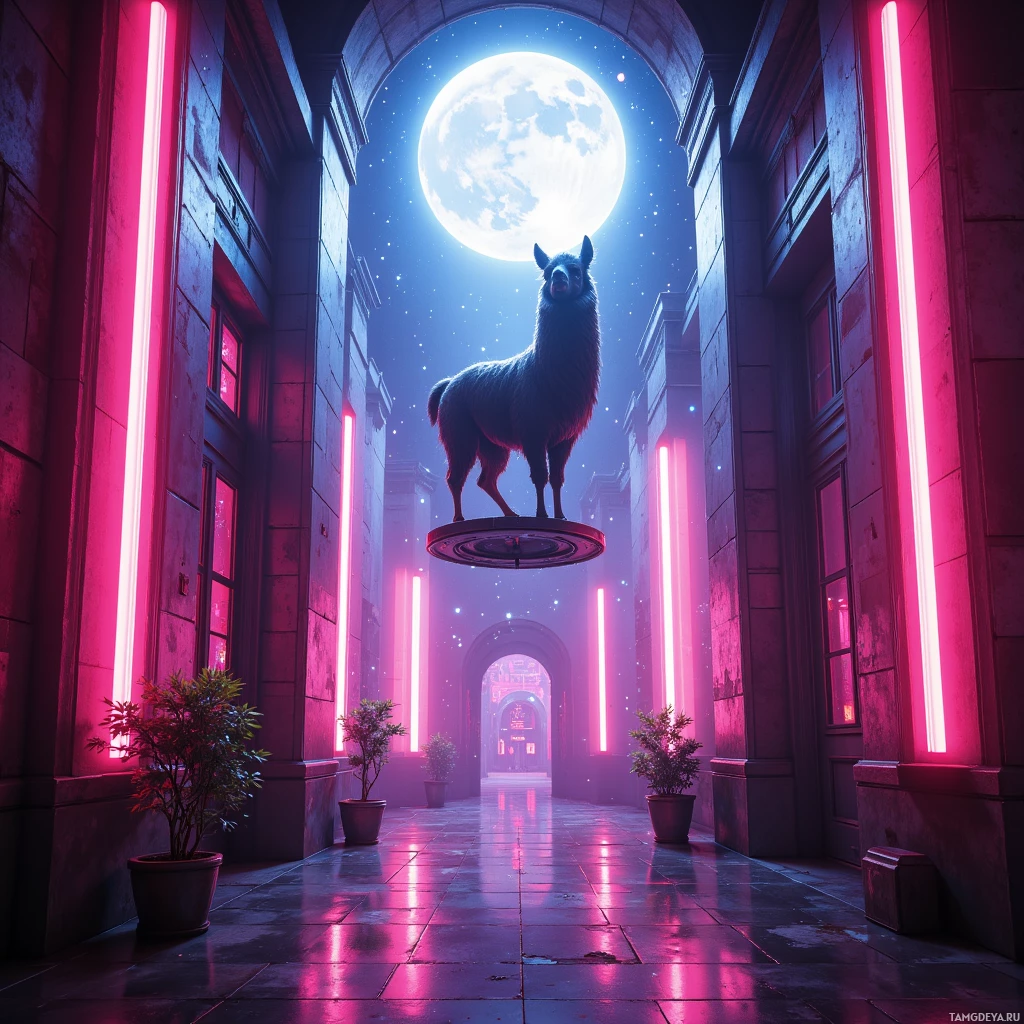 A surreal scene featuring a llama levitating on a platform in a neon-lit corridor under a full moon.