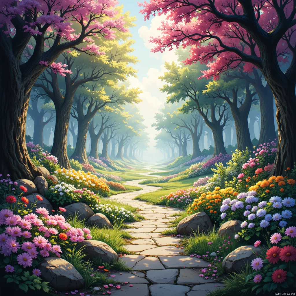 A vibrant forest scene with blooming flowers and a stone path leading through it.
