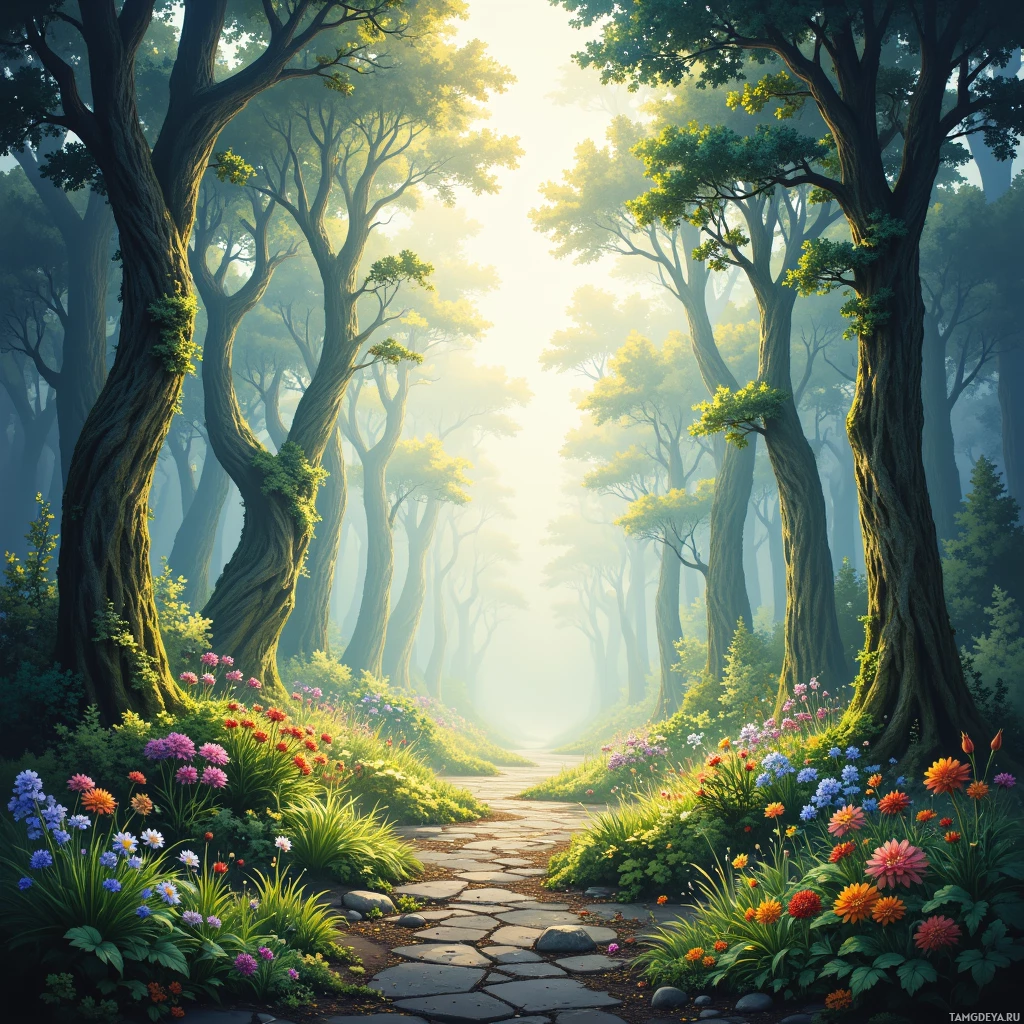 A serene forest scene with a stone path winding through vibrant flowers and tall trees.