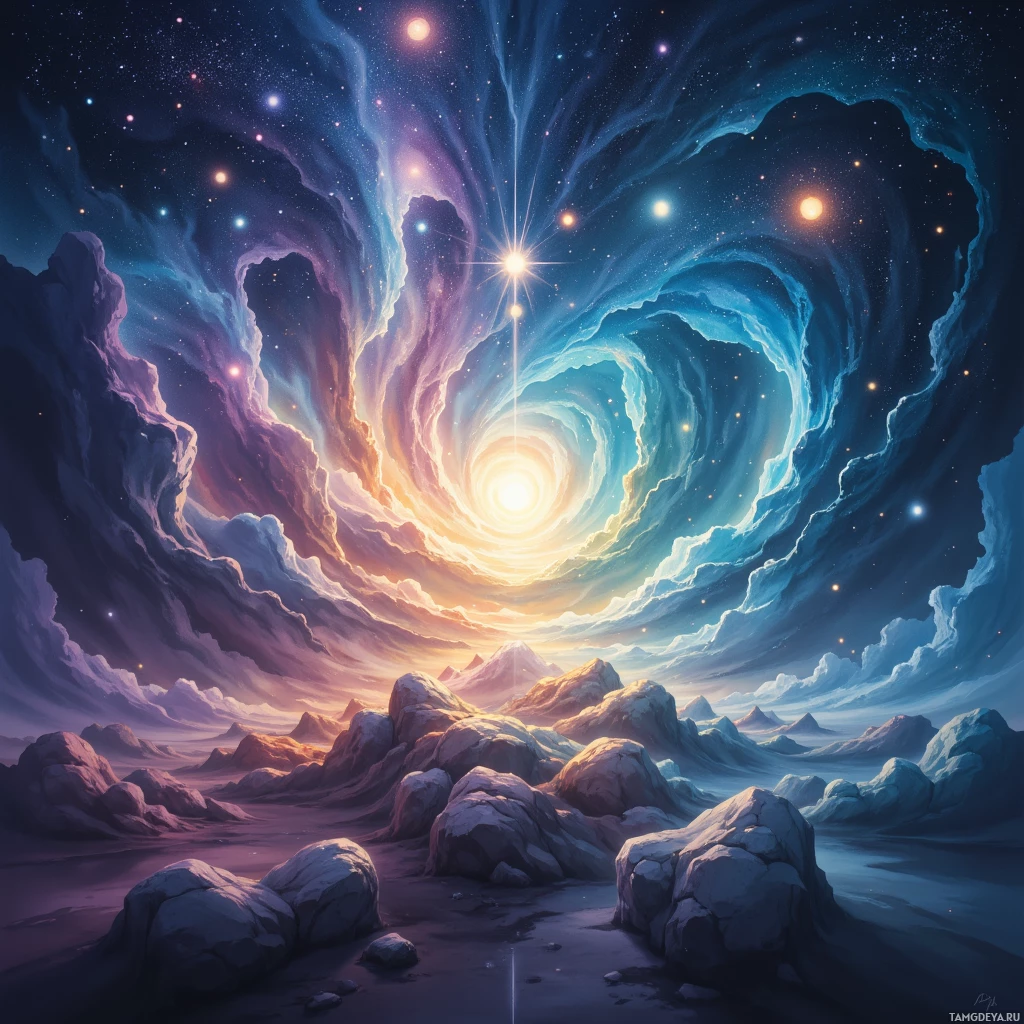 A vibrant cosmic scene with swirling clouds and a bright star at its center, set against a backdrop of distant stars and a rocky landscape below.