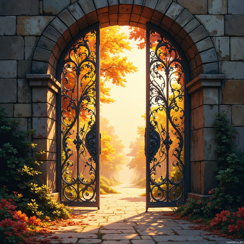 An ornate gate opens to a sunlit path lined with autumn trees.