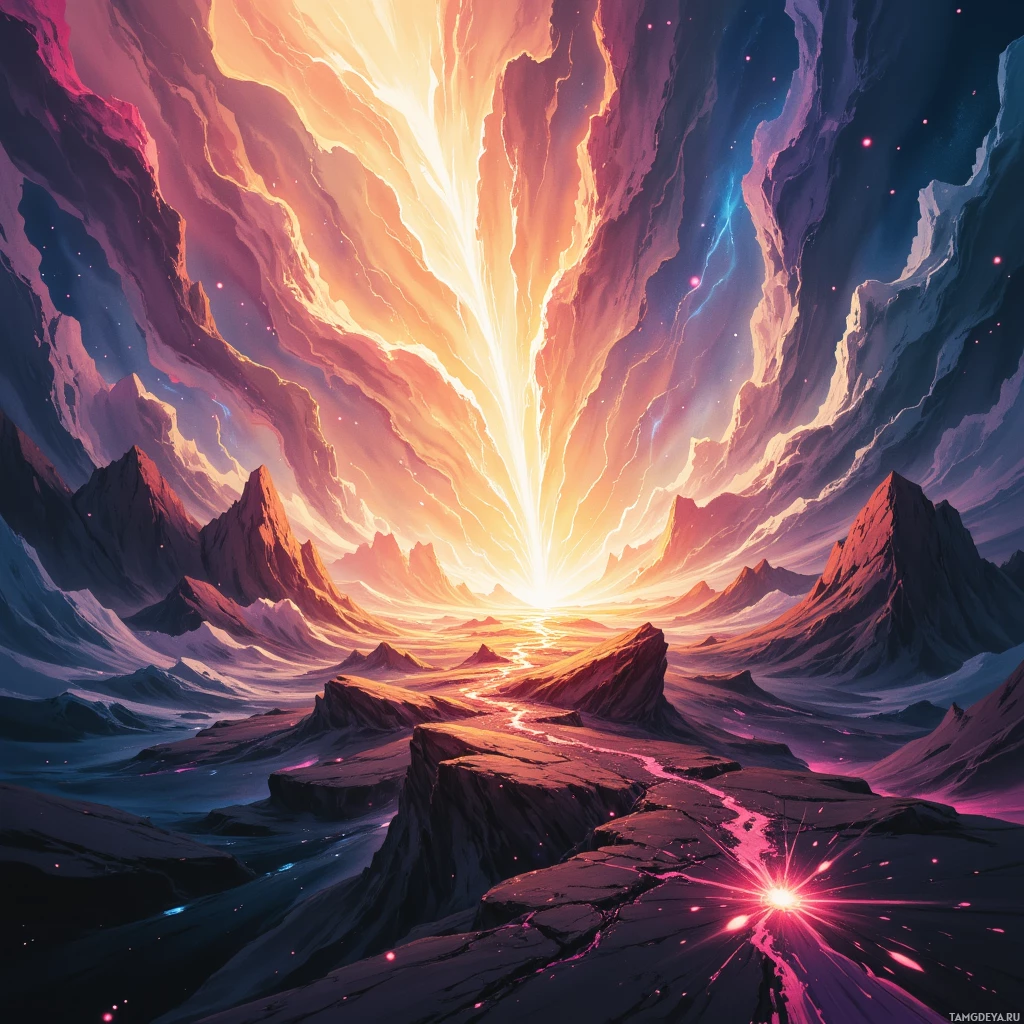 A vibrant cosmic landscape with glowing mountains and a radiant light source at its center.