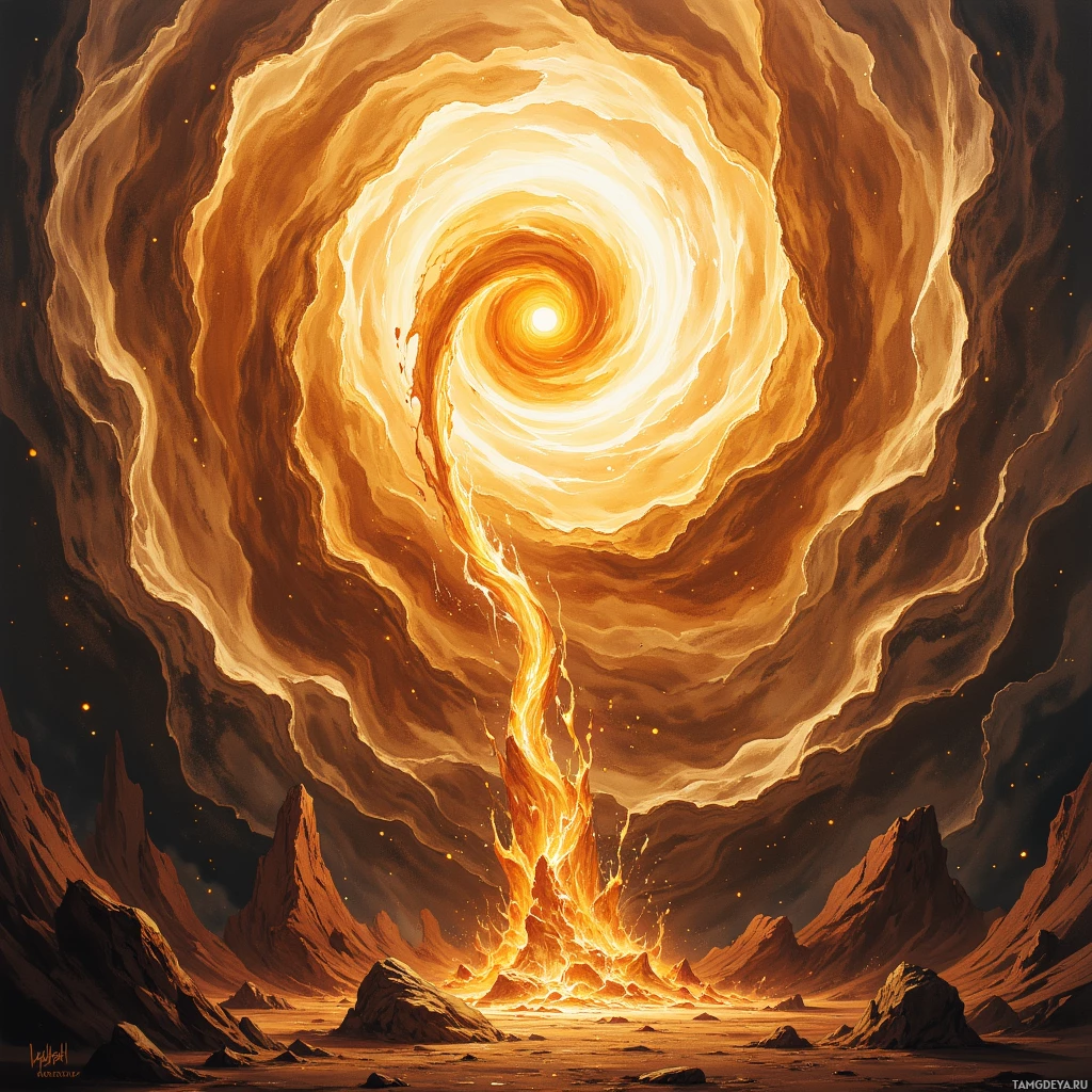 A swirling vortex of golden light rises from a barren landscape, surrounded by dark, rocky terrain.