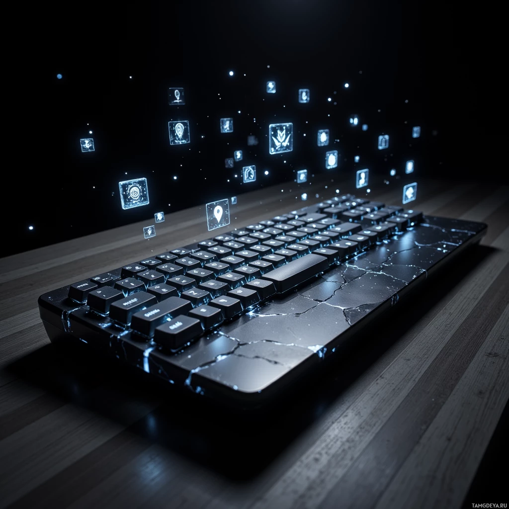 A futuristic keyboard with glowing symbols floating above it.