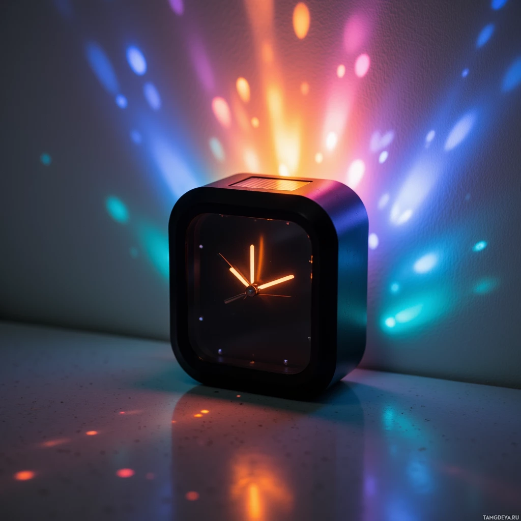 A modern, illuminated clock projects colorful light patterns onto a wall.