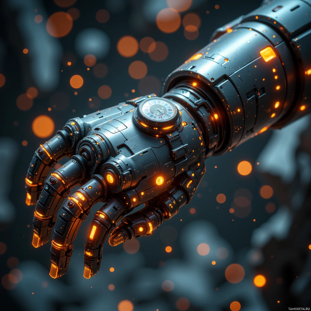 A close-up of a futuristic robotic hand with glowing orange lights and a watch-like device on its wrist against a dark background with bokeh light effects.