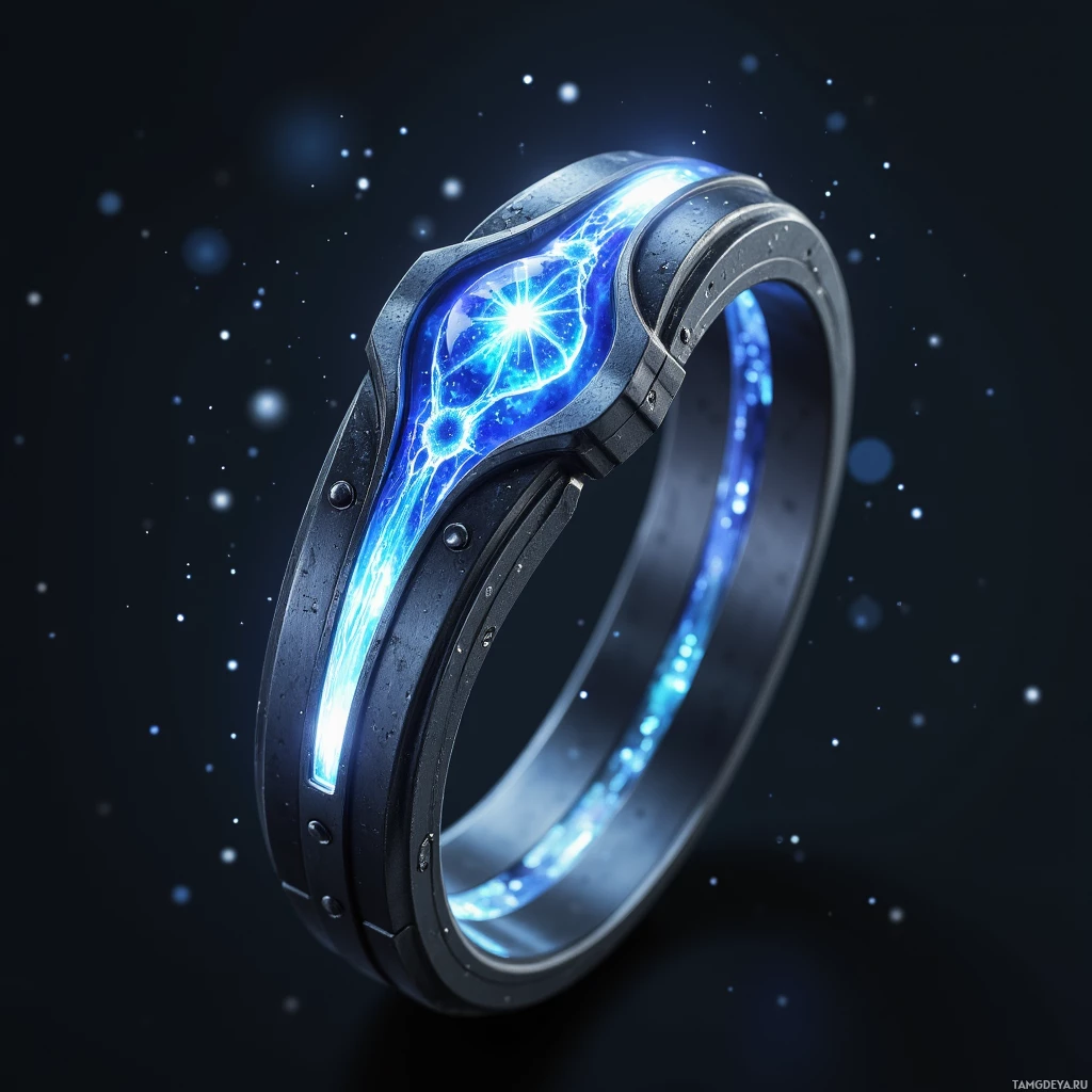 A glowing, futuristic ring with a blue, electric-like pattern against a dark background.