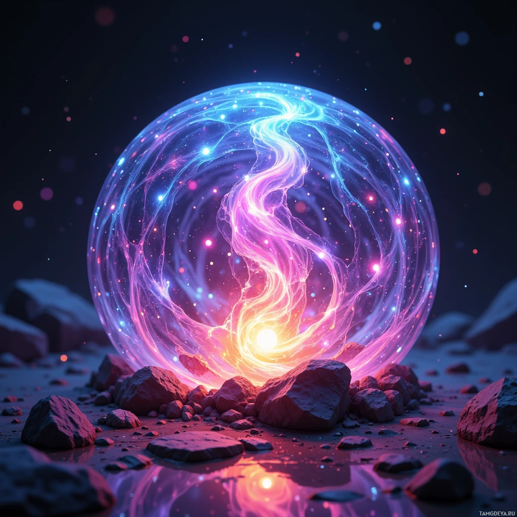 Semi-abstract image with many light, that is suitable for the post:  Translucent, pocket‑sized orb with iridescent, velvet‑smooth skin, embedded micro‑speakers glowing in swirling multicolored light that pulses to music, featuring a subtle glowing core and touch‑responsive surface.