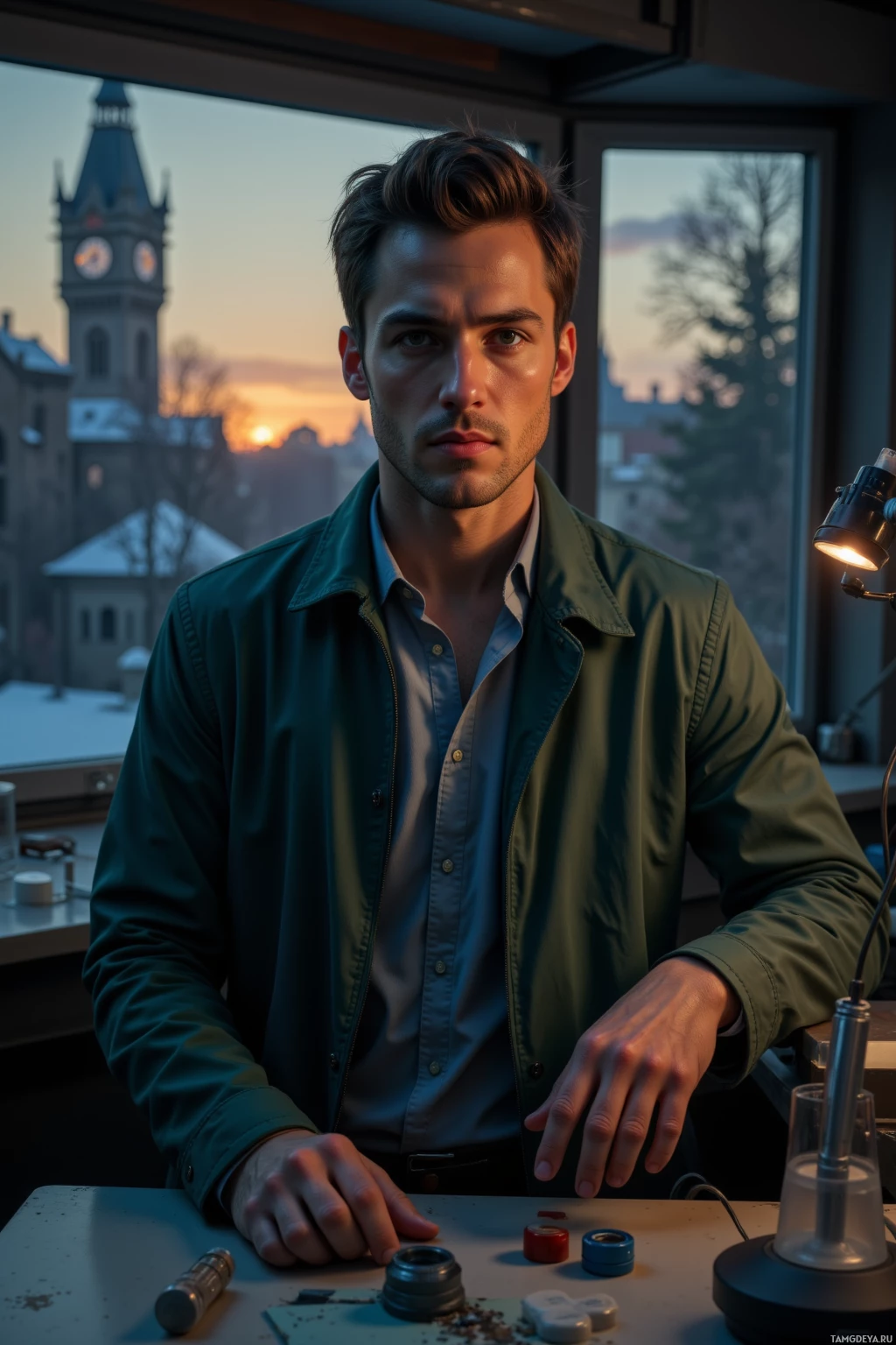 A person in a green jacket stands at a table with various small objects, with a cityscape and sunset visible through the window behind them.