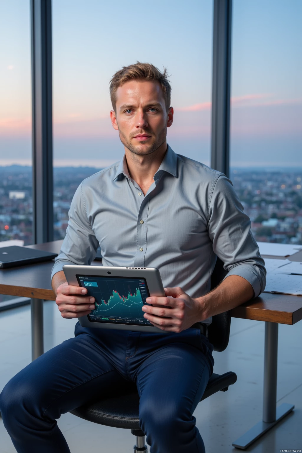 A man sits at a desk in a modern office, holding a tablet displaying a graph.