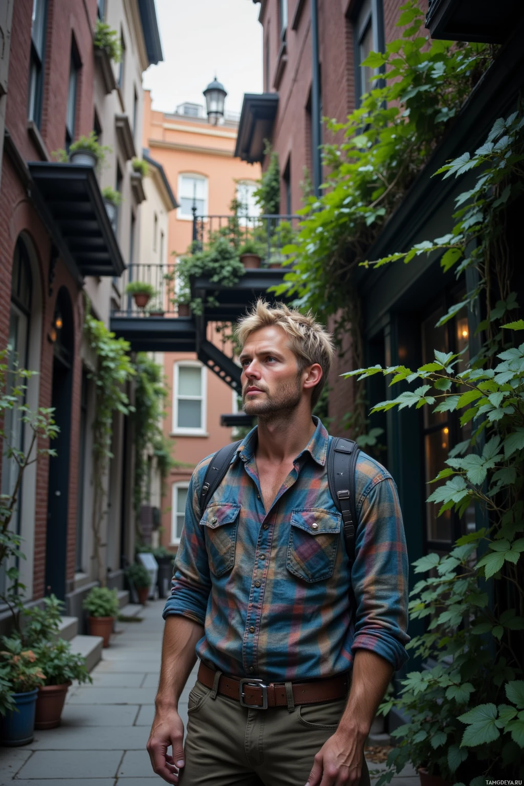 A man in a plaid shirt and backpack stands in an alleyway surrounded by greenery and brick buildings.