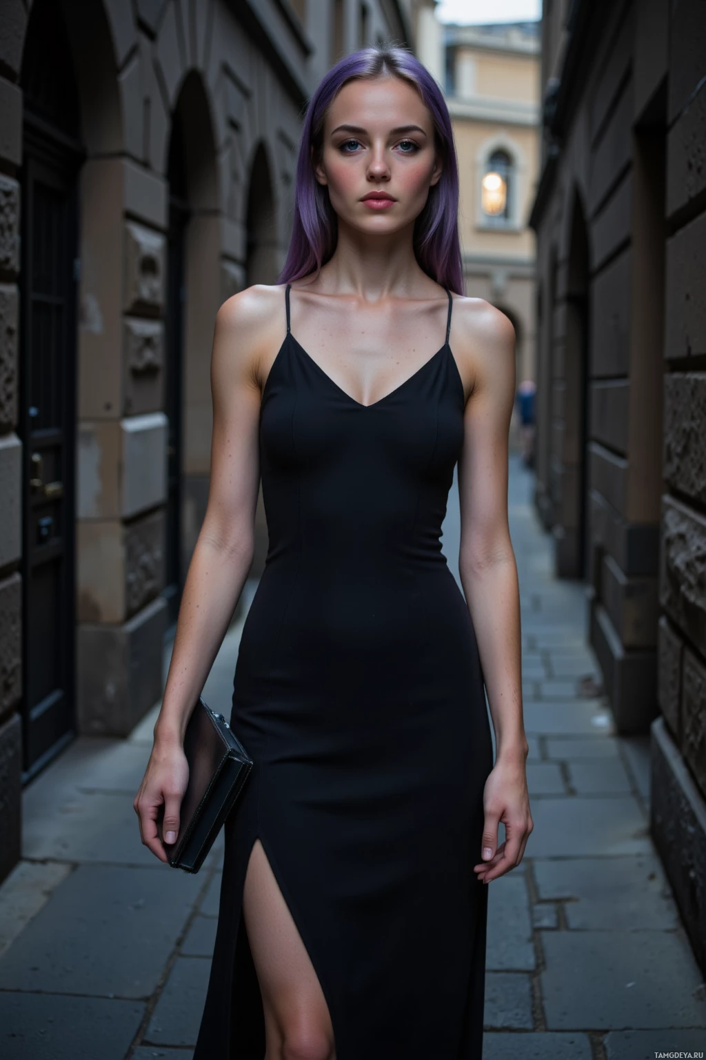 A person in a black dress stands on a stone-paved street with an architectural background.