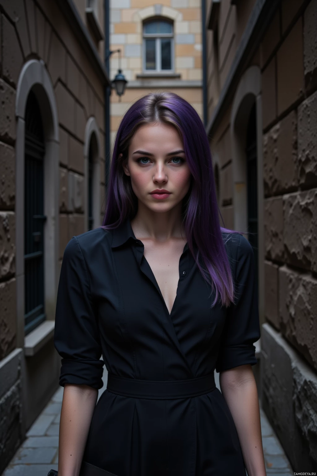 A person with purple hair stands in a narrow alleyway, wearing a black shirt and skirt.