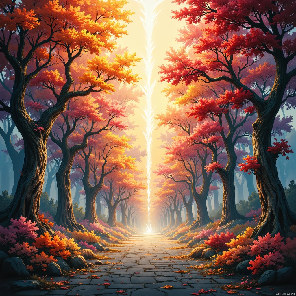 A vibrant autumn forest with colorful foliage and a stone path leading towards a bright light.