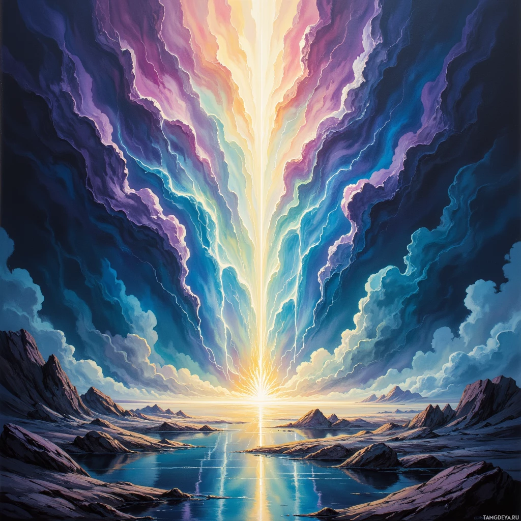 A vibrant, surreal landscape featuring a radiant light source splitting the sky into colorful beams, reflecting on a calm body of water surrounded by rugged mountains.