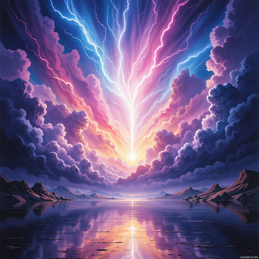 A vibrant sky with streaks of lightning and colorful clouds reflects on calm waters surrounded by rugged mountains.