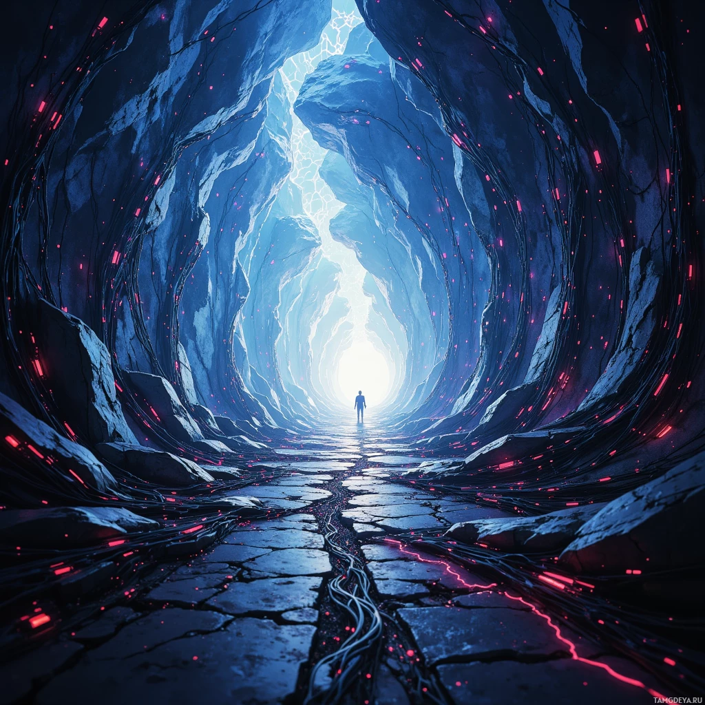 A person stands at the entrance of a glowing, ethereal cave with a path leading forward.