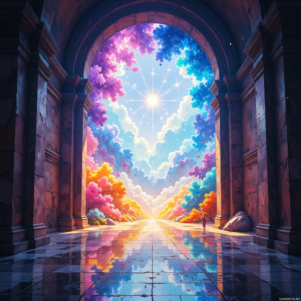 A vibrant, colorful scene viewed through an archway, featuring a bright sun and multicolored clouds.