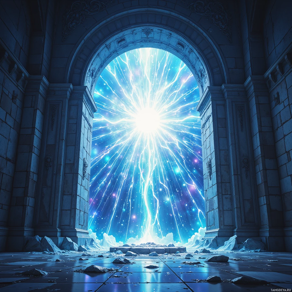 A grand archway leads to a bright, cosmic scene with radiant light and stars.