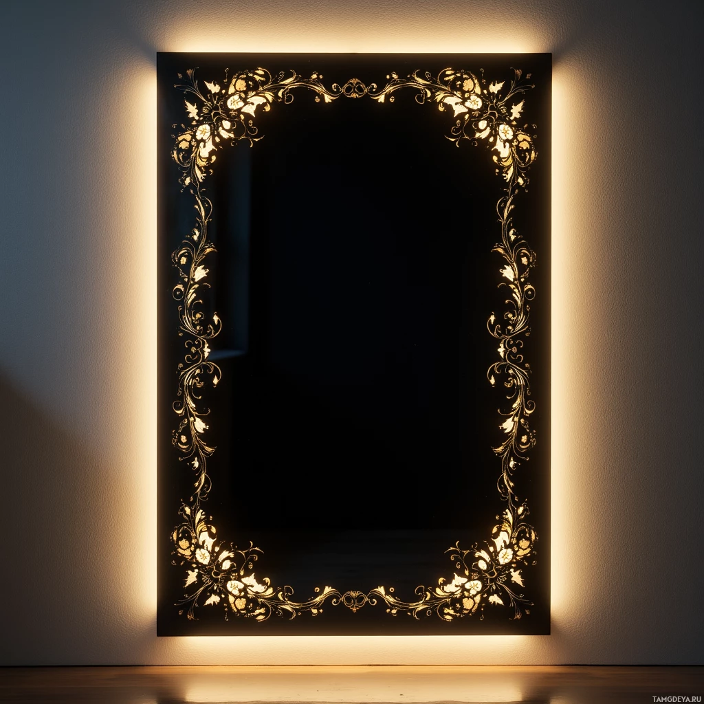 A rectangular mirror with an ornate gold floral frame is mounted on a wall, illuminated from behind.