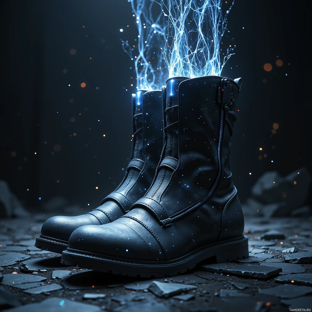 A pair of black combat boots with glowing blue energy emanating from the top.