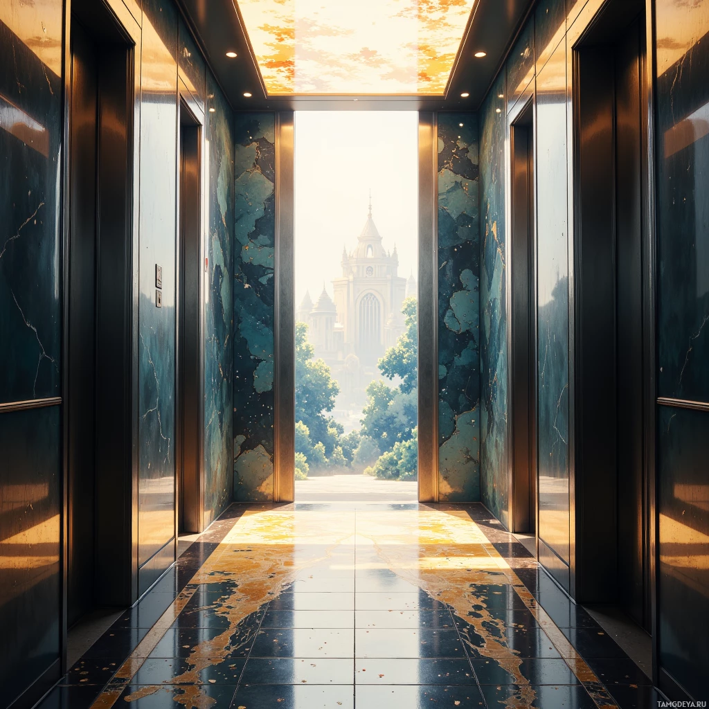 An elevator with marble walls and a glass door reveals a bright outdoor scene with a church and trees.