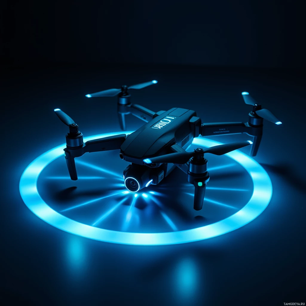 A drone with glowing blue lights and a circular light effect around it.