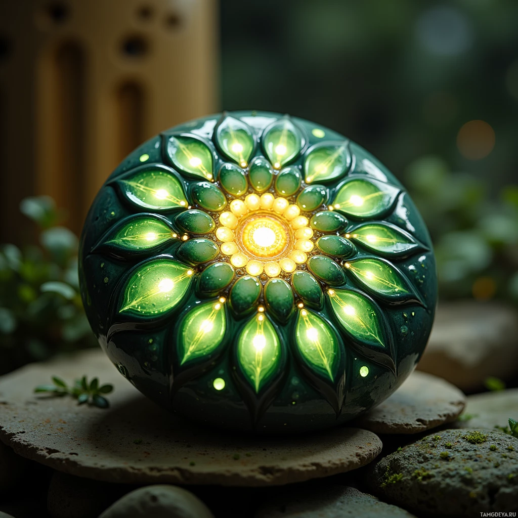A glowing, green, flower-like sphere with a radiant center sits atop stones in a natural setting.