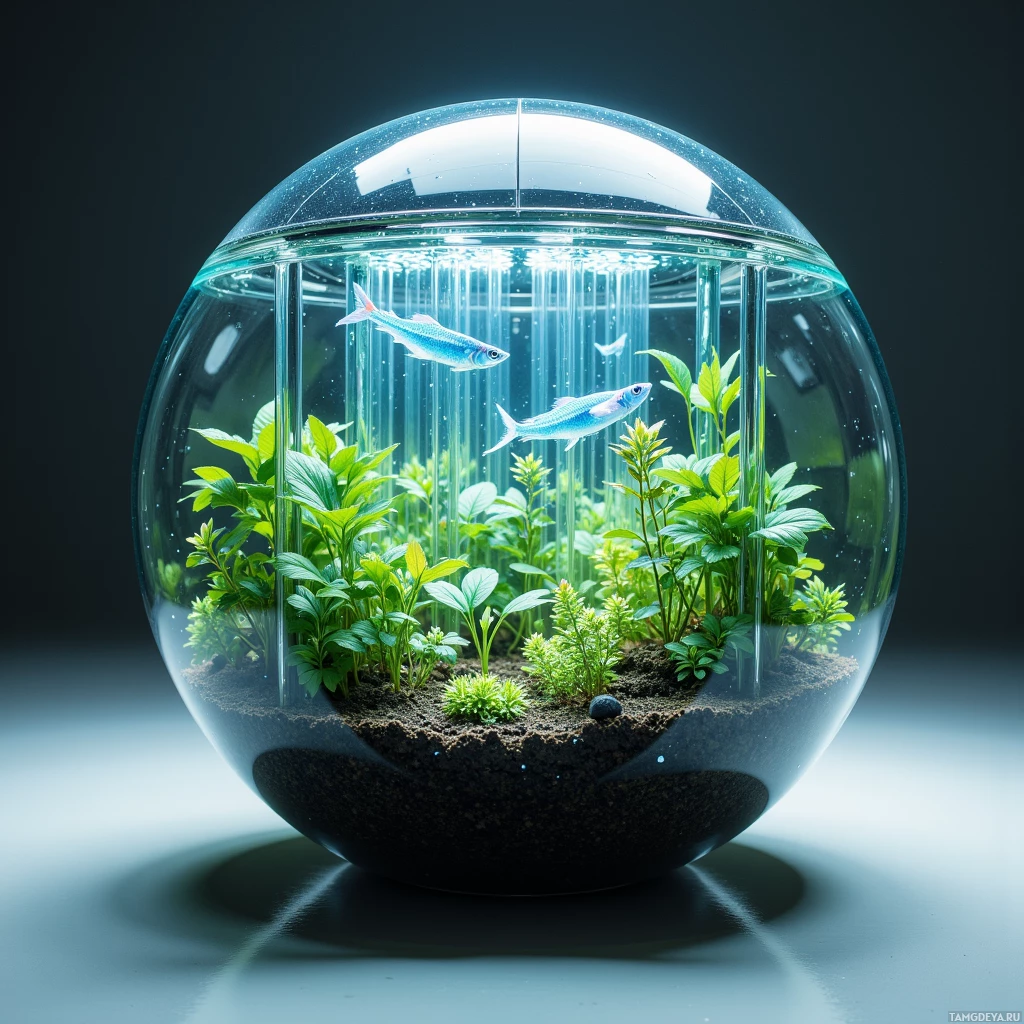A spherical glass aquarium with a single fish and lush green aquatic plants.