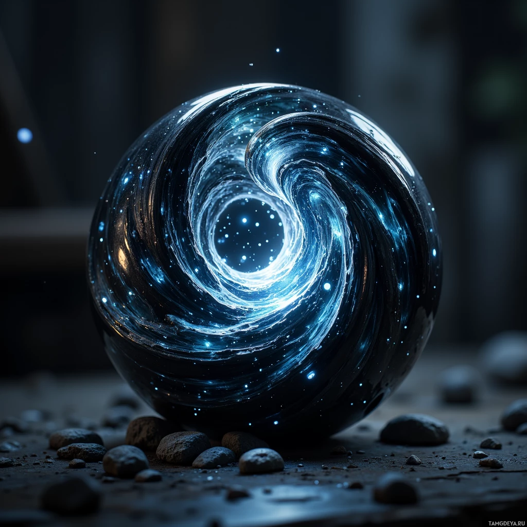A glowing spiral galaxy-like sphere rests on pebbles against a dark background.
