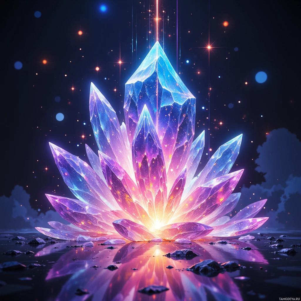 Semi-abstract image with many light, that is suitable for the post:  Translucent iridescent crystal with a fractal‑rippling surface that emits pixelated neon glitches and vivid color bursts in a self‑sustaining electromagnetic glow.