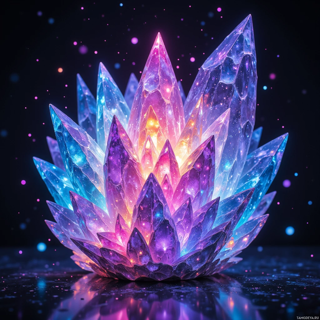 Semi-abstract image with many light, that is suitable for the post:  Translucent iridescent crystal with a fractal‑rippling surface that emits pixelated neon glitches and vivid color bursts in a self‑sustaining electromagnetic glow.