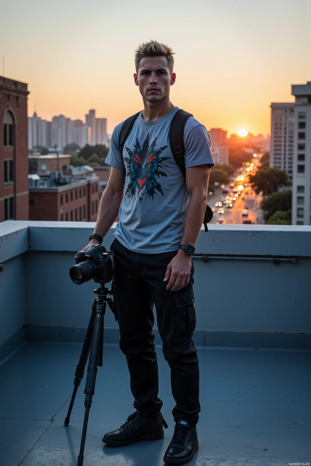 A person stands on a rooftop at sunset, holding a camera and wearing a graphic t-shirt and cargo pants.