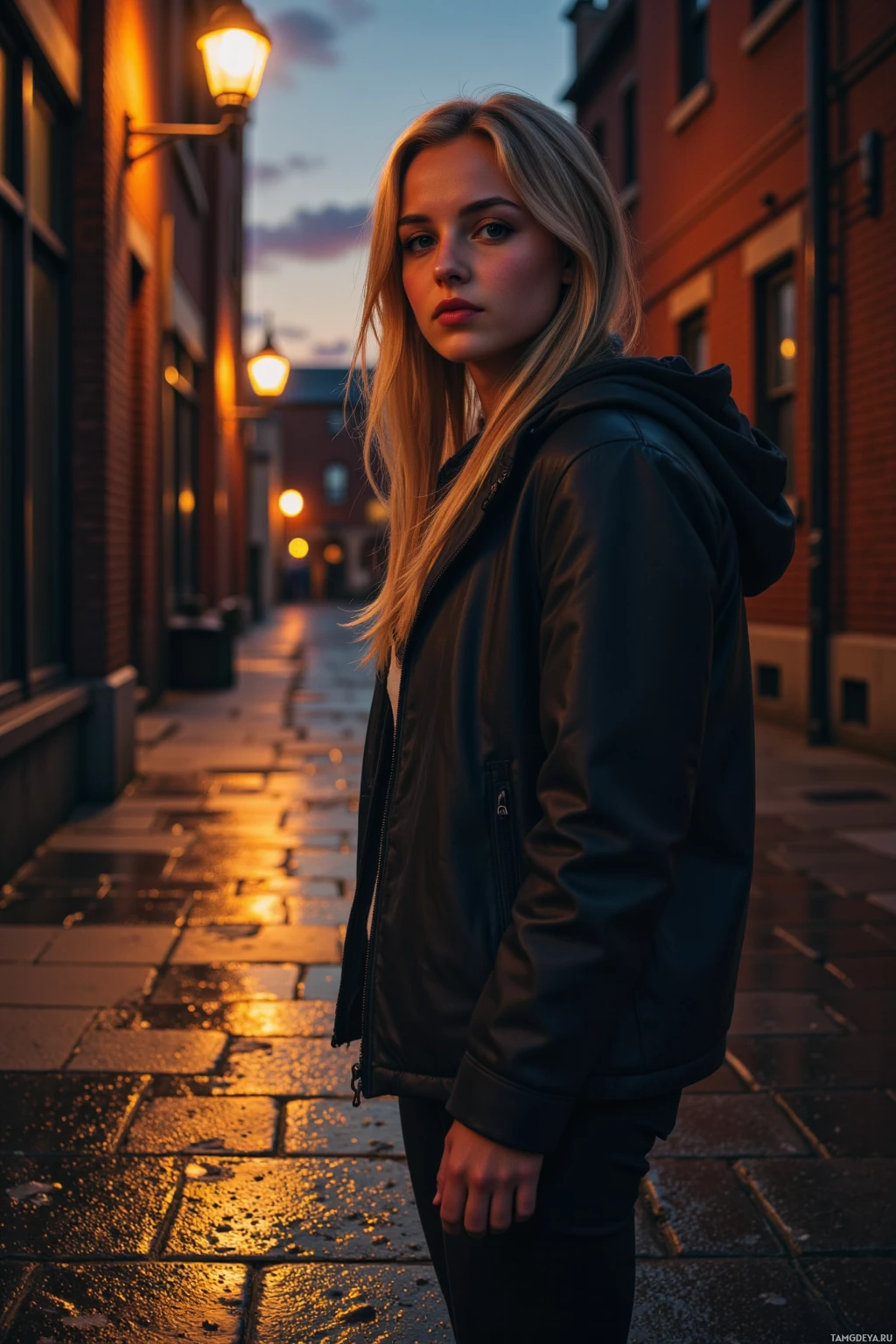 A person stands on a wet cobblestone street at dusk under warm streetlights.