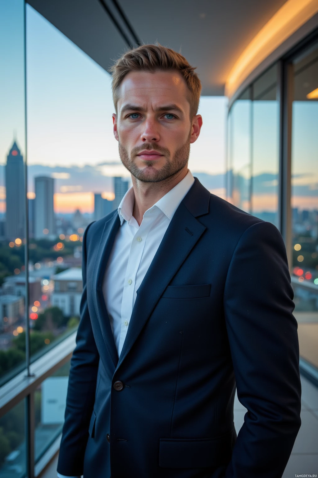 A man in a suit stands indoors with a cityscape view through large windows behind him.