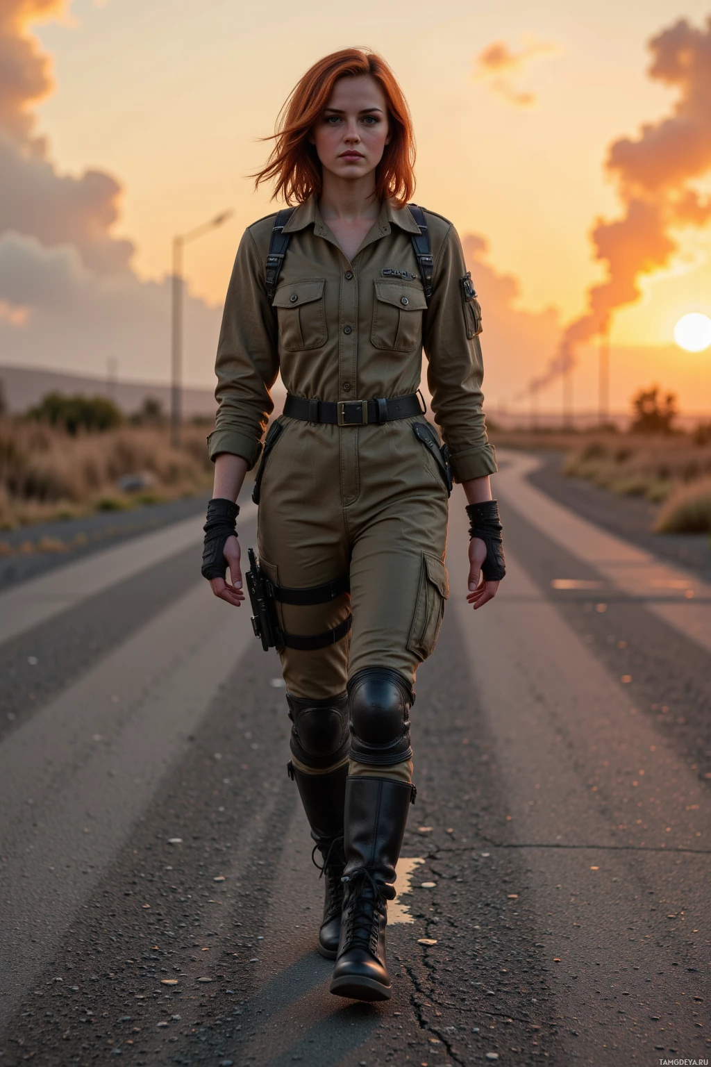 A person in a military-style uniform walks down a road at sunset.