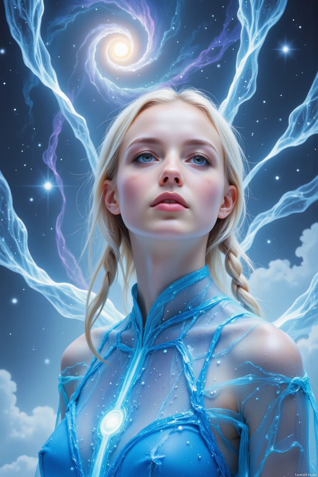 A person with braided hair and glowing blue energy swirling around them against a starry sky backdrop.
