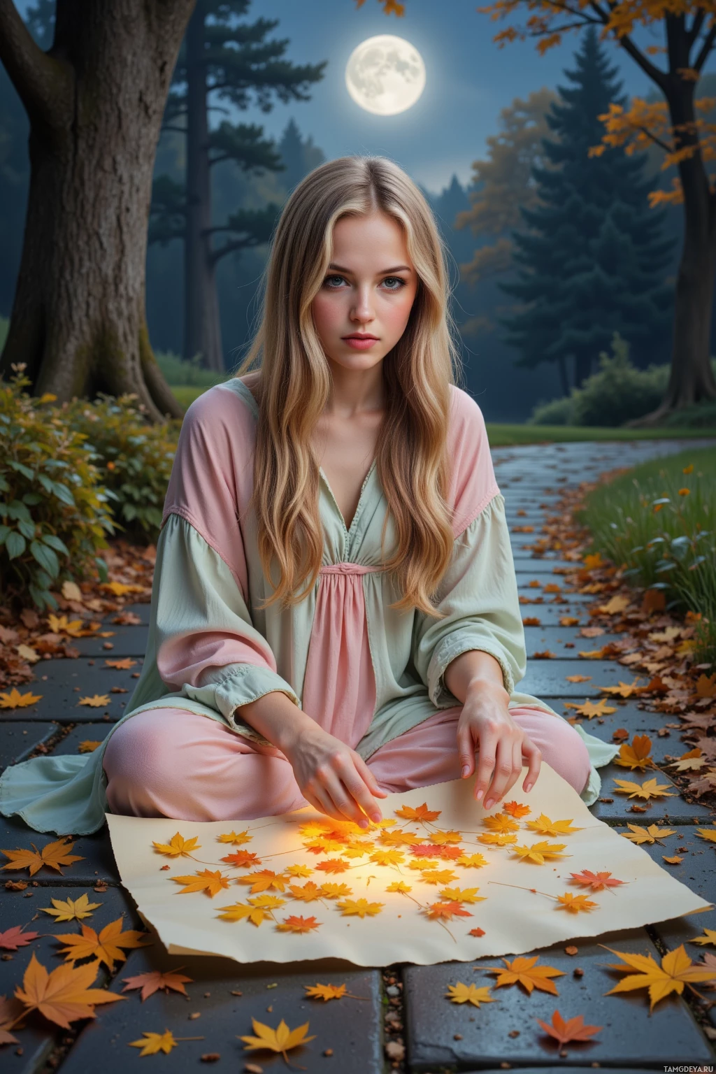 A woman sits on a path surrounded by autumn leaves, with a full moon in the background.