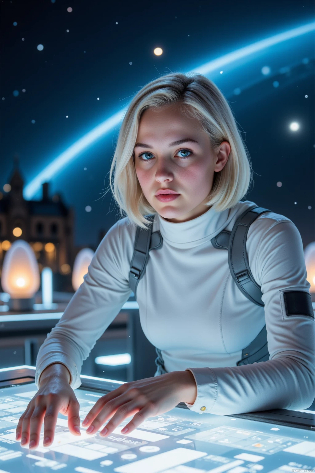 A person in a white outfit interacts with a futuristic touch screen interface.