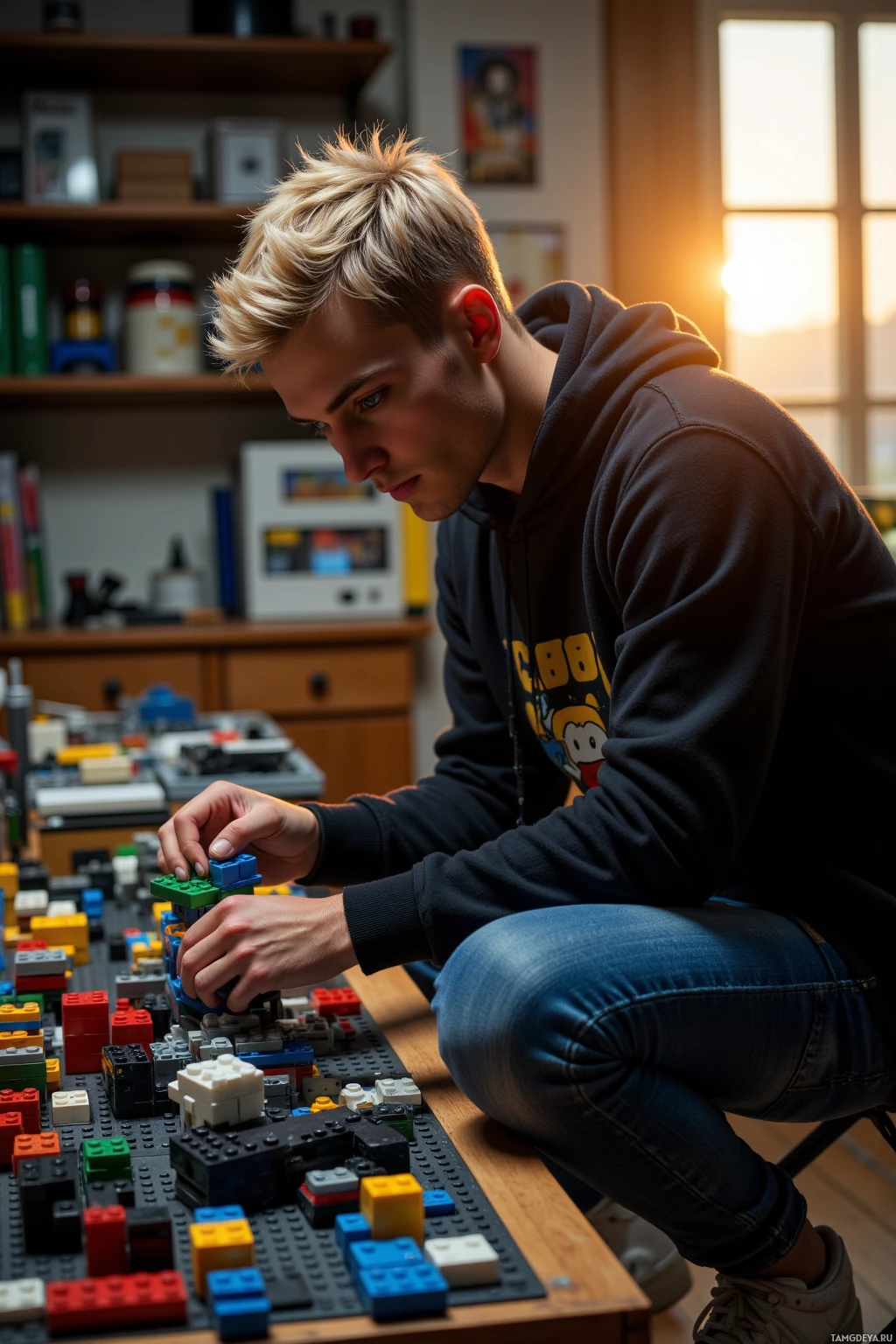 A person is sitting and assembling LEGO pieces on a table.