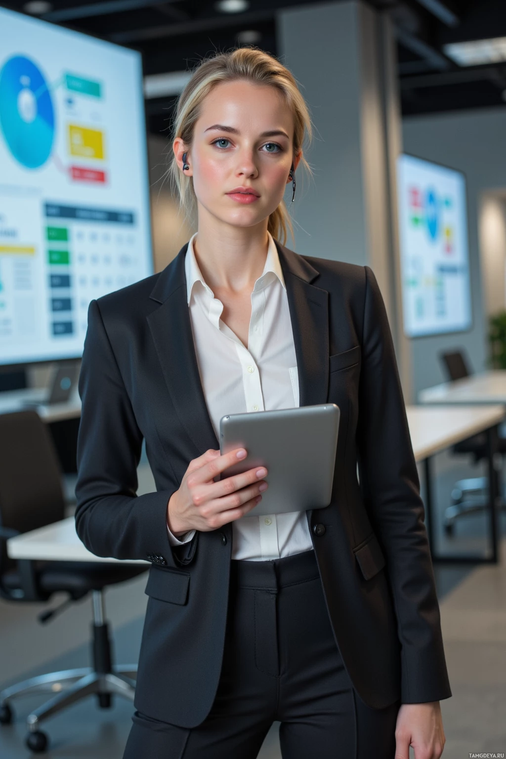 A professional woman in a suit holds a tablet in a modern office setting.